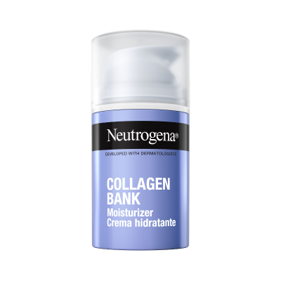 Frasco de creme hidratante Neutrogena Collagen Bank azul com tampa transparente