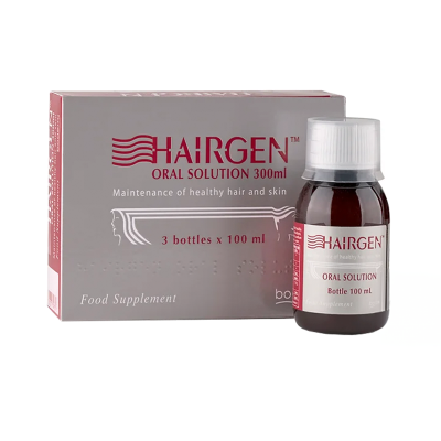 Suplemento alimentar HAIRGEN Oral Solution 300 ml em embalagem cinza com texto vermelho e branco e frasco de plástico escuro com tampa branca.
