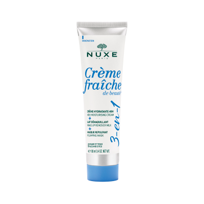Creme hidratante Nuxe Crème fraîche de beauté 3-em-1 em tubo branco com tampa azul