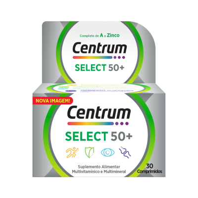 Embalagem de suplemento multivitamínico Centrum Select 50+ com texto e gráficos coloridos