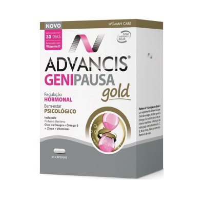 Embalagem de suplemento ADVANCIS GENIPAUSA gold para mulher, 30 cápsulas, detalhes em rosa e dourado.