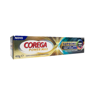 Embalagem creme fixativo Corega Power Max Supreme 40g com texto em português