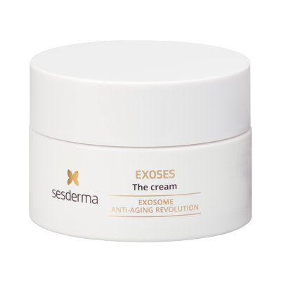 Embalagem branca redonda de creme Sesderma Exoses com texto dourado e preto