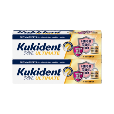 Caixas de creme adesivo para próteses dentárias Kukident Pro Ultimate com textos em espanhol.