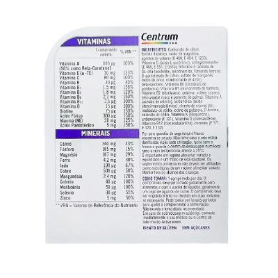 Rótulo de suplemento vitamínico e mineral Centrum com informações de vitaminas e minerais