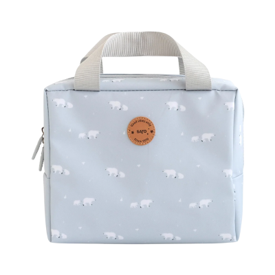 Bolsa térmica cinza com padrão de ursos e alças bege