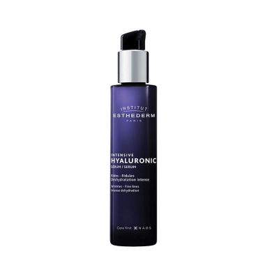 Frasco azul escuro de sérum Intensive Hyaluronic da Institut Esthederm Paris com tampa prateada e doseador preto