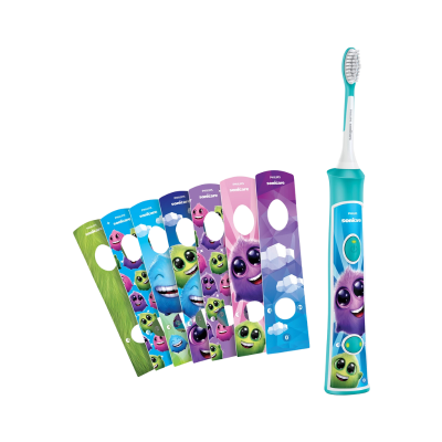 Escova de dentes elétrica Philips Sonicare com capas decorativas coloridas com personagens animados