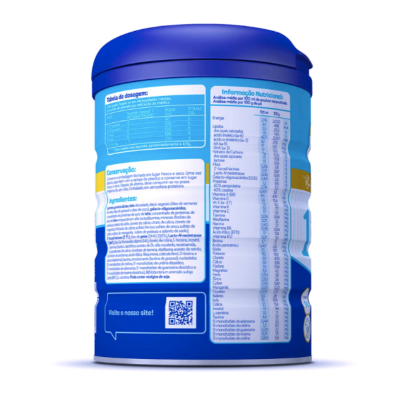 Lata azul com informação nutricional, tabela de dosagem e QR code