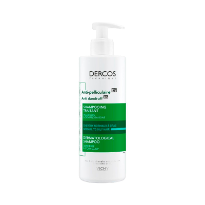 Frasco branco com doseador de shampoo Dercos Technique da Vichy com etiqueta verde