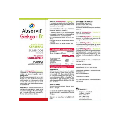Embalagem do suplemento Absorvit Ginkgo + B1 com texto informativo