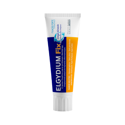 Tubo branco de creme ELGYDIUM Fix com rótulo azul, branco e laranja