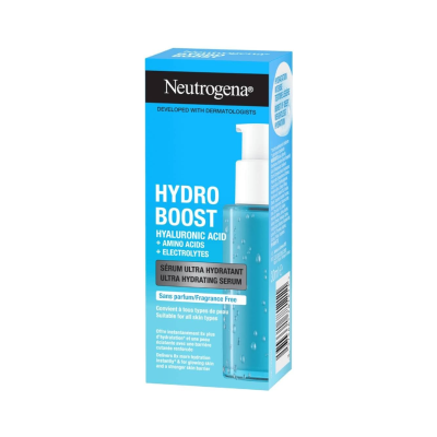 Caixa azul e preta de sérum Neutrogena Hydro Boost com frasco azul e tampa branca