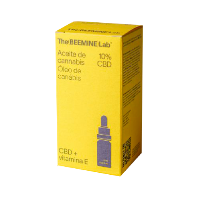 Caixa amarela de óleo de cannabis com 10% CBD e vitamina E da TheBEEMINELab