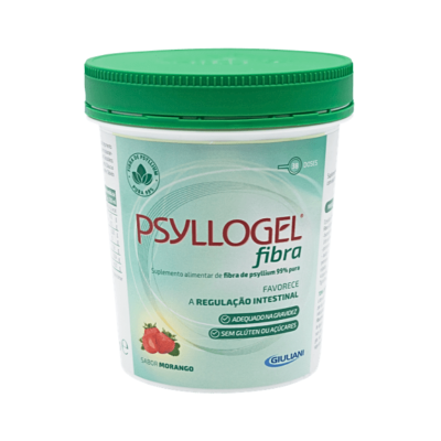 Embalagem de suplemento PSYLLOGEL fibra sabor morango com tampa verde