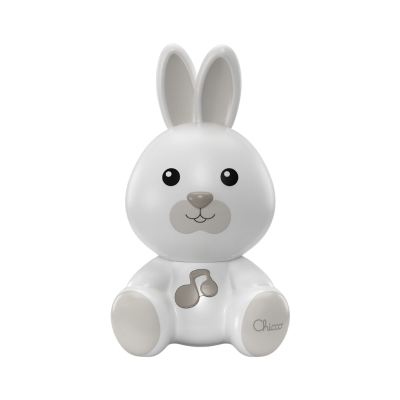 Boneco coelho branco de plástico com detalhes cinzentos e símbolo musical.