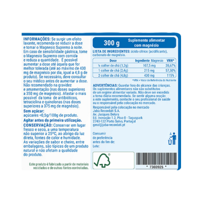 Etiqueta de suplemento alimentar com instruções e ingredientes em português.