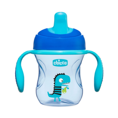 Copo de treino infantil azul com desenho de dinossauro e pega ergonómica