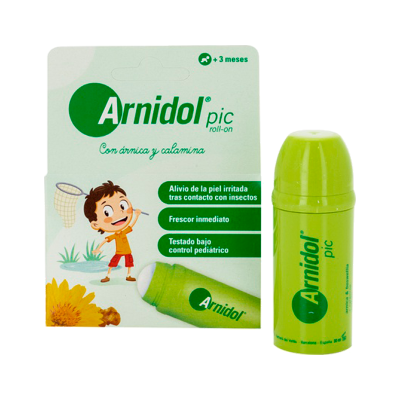 Roll-on Arnidol pic verde e embalagem com ilustração de criança e texto em espanhol