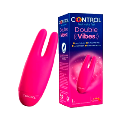 Vibrador rosa bifurcado em silicone com caixa Control Double Vibes azul e rosa