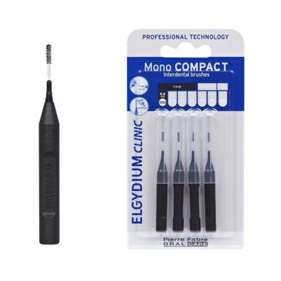 Escovas interdentais Elgydium Mono Compact pretas com cerdas brancas em embalagem azul e branca