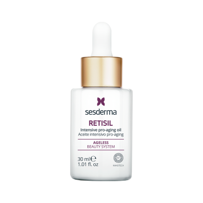 Frasco branco com conta-gotas dourado de óleo intensivo anti-envelhecimento Sesderma