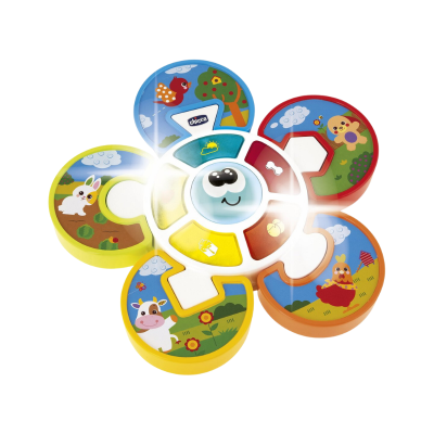 Brinquedo colorido em forma de flor com imagens de animais e a marca CHICCO