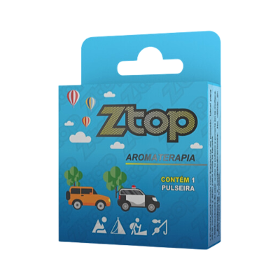 Embalagem azul de aromaterapia com ilustrações coloridas e texto informativo