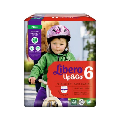 Pacote de fraldas de calça Libero Up&Go número 6 com imagem de criança numa bicicleta e texto sobre o produto