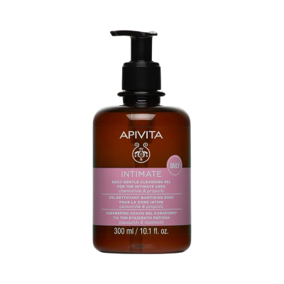 Frasco castanho de gel íntimo Apivita com tampa de bomba e rótulo lilás.