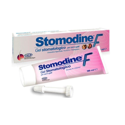 Tubo de gel Stomodine F com caixa rosa e branco e aplicador branco