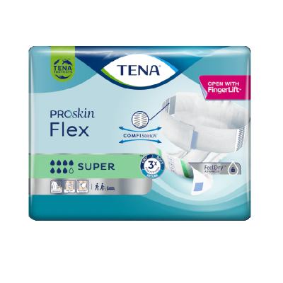 Embalagem de fraldas TENA PROskin Flex SUPER azul e verde com texto e símbolos