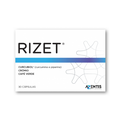 Embalagem branca de cápsulas RIZET com detalhes azuis e texto preto