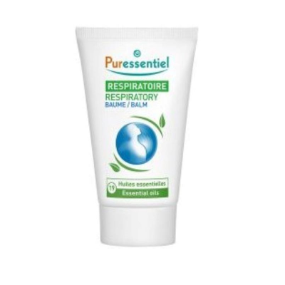 Tubo branco de bálsamo Puressentiel Respiratoire com texto e ilustração de globo