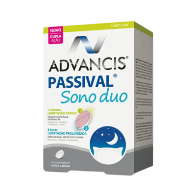Embalagem de suplemento Advancis Passival Sono duo para sono com 30 comprimidos dupla camada e informações em português.