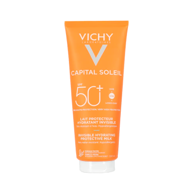 Frasco laranja de creme solar Vichy SPF 50+