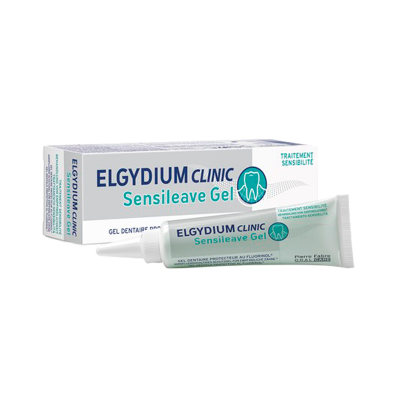 Gel dental Elgydium Clinic Sensileave Gel em embalagem branca com texto azul e verde