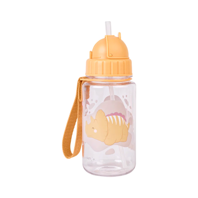 Garrafa infantil transparente com tampa e alça laranja e desenho de dinossauro