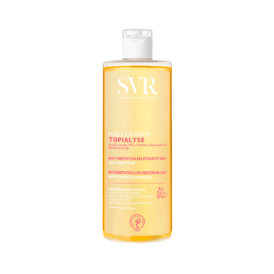 Frasco de óleo de limpeza amarelo da SVR com rótulo branco e rosa