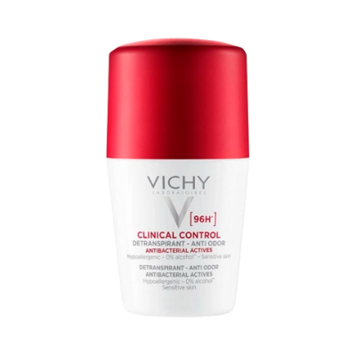 Desodorizante roll-on Vichy Clinical Control com tampa vermelha e corpo branco