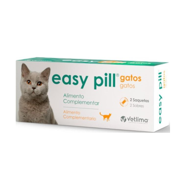 Embalagem branca com imagem de gato cinza e texto easy pill gatos
