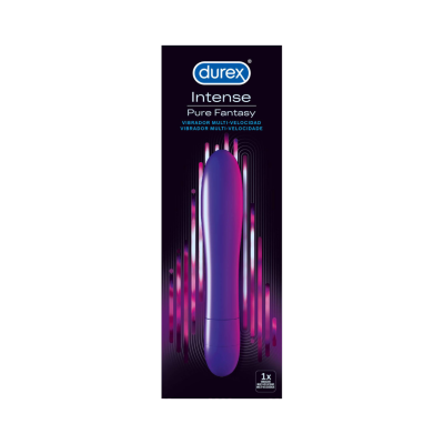 Embalagem do vibrador Durex Intense Pure Fantasy roxo com texto em azul e branco