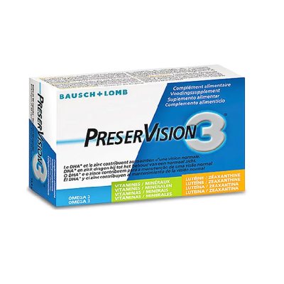 Caixa branca e azul do suplemento alimentar PreserVision 3 da Bausch + Lomb