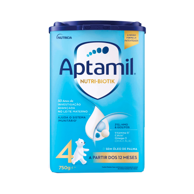 Embalagem azul e branca de Aptamil Nutri-Biotik para crianças a partir dos 12 meses