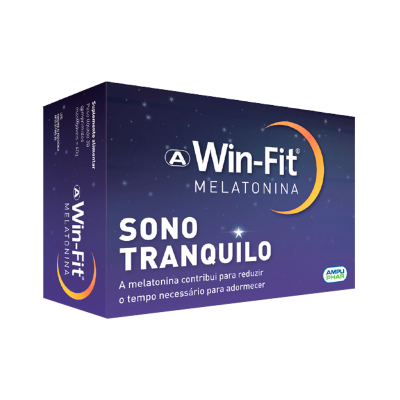 Embalagem de suplemento alimentar Win-Fit Melatonina com design azul e texto branco