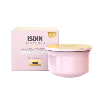 Creme hidratante ISDIN Hyaluronic Moisturizer pele sensível em caixa rosa e pote rosa com tampa dourada