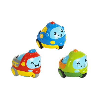 Três carrinhos de brinquedo coloridos com rostos felizes