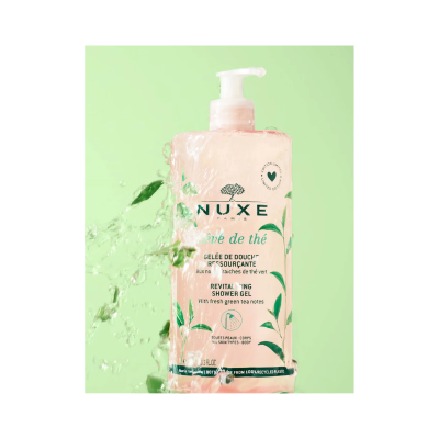 Frasco de gel de banho NUXE Rêve de thé com tampa de bomba e decoração de folhas verdes