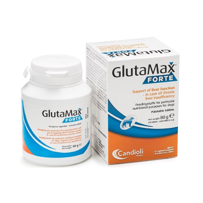 Produto alimentar para cães GlutaMax Forte em embalagem branca e caixa branca com detalhes azuis e laranja da marca Candioli