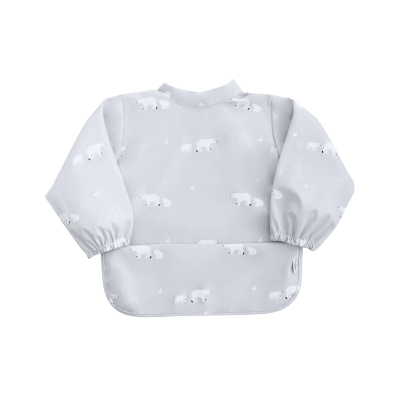 Babete de manga comprida azul claro com padrão de ursos polares brancos e bolso frontal